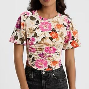 NWT Express Floral Ruched Puff Sleeve Top - Pink, Orange & Cream